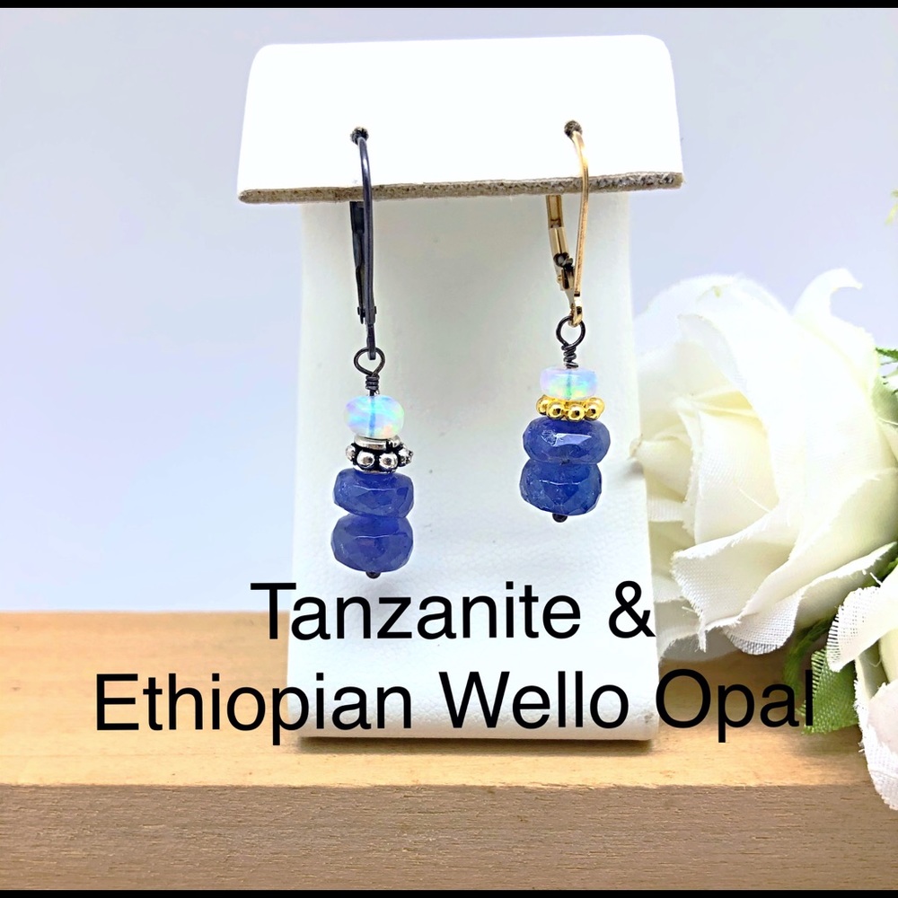 Tanzanite & Opal Lever Back Earring NEW SS & Gold, December & October Birthstone